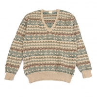  Karl Helmut Alpaca Wool Geometric V-Neck Knit Sweater (Jumper) Beige M-L