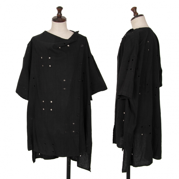 ヨウジヤマモトノアールYohji Yamamoto NOIR コットンホールデザインノーカラーシャツ 黒1