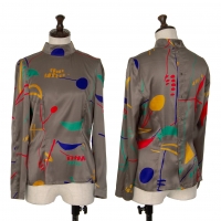  Thierry Mugler Colorful Printed Back Open Long Sleeve Shirt Grey 9R