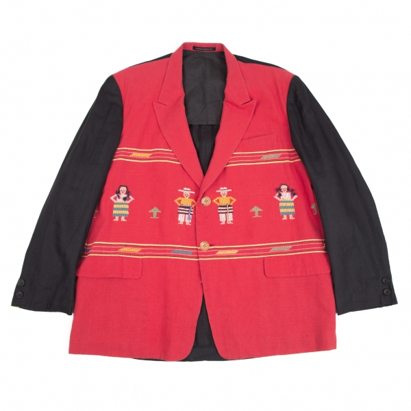 ヨウジヤマモト プールオムYohji Yamamoto POUR HOMME 民族刺繍バイカラージャケット 赤黒M