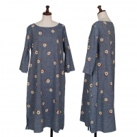  45R Indigo Dyed Cotton Linen Floral Dress Blue 0