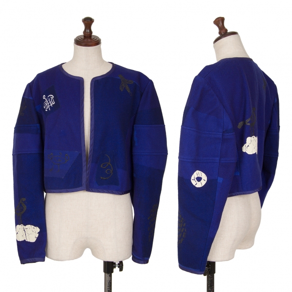 コムデギャルソンCOMME des GARCONS 刺繍&プリントノーカラーショートジャケット 青M