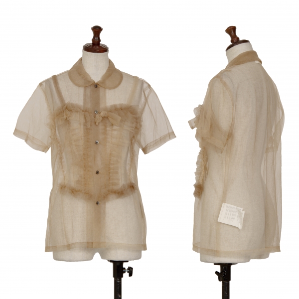 コムデギャルソンCOMME des GARCONS フリル装飾メッシュ半袖シャツ ベージュS