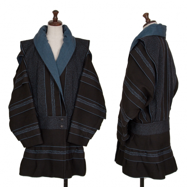 イッセイミヤケISSEY MIYAKE ストライプ織りタックプリーツデザインウールジャケット 青黒9