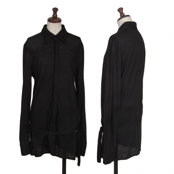 ヨウジヤマモト ノアールYohji Yamamoto NOIR ウール裾ベルトデザインフライフロントロングシャツ 黒1