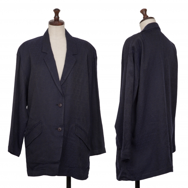 イッセイミヤケISSEY MIYAKE ウールレーヨン斜行デザイン織りジャケット 青黒9