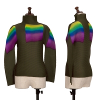  ISSEY MIYAKE me Rainbow Color Printed Pleats T Shirt  Khaki-green,Purple F