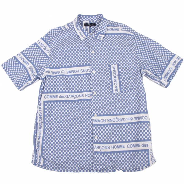 コムデギャルソンオムCOMME des GARCONS HOMME ロゴチェッカープリントオープンカラーシャツ 青白L