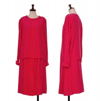  CHANEL Button Design Silk Blouse & Skirt Red 36