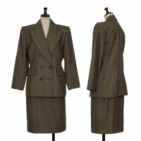  Yves Saint Laurent Wool Check Weave Jacket & Skirt Brown S