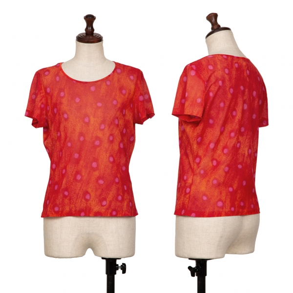 ケンゾーKENZO アセテートポリドットプリントTシャツ 赤オレンジ紫40