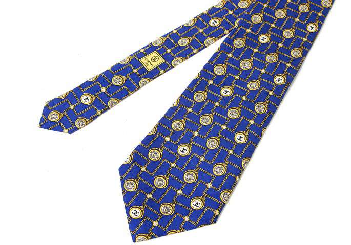 CHANEL chain pattern silk tie(K-12742) Blue