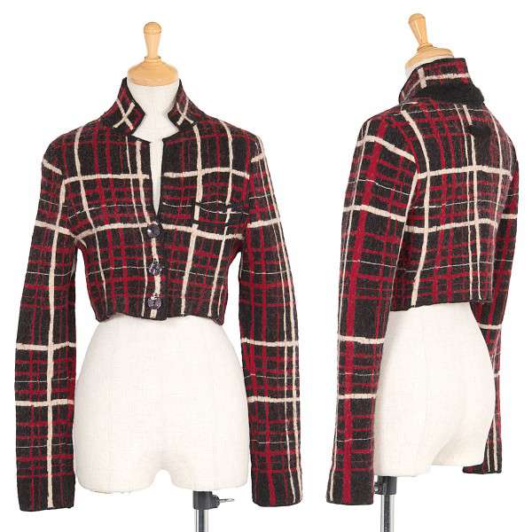 ジャンポールゴルチエファムJean Paul GAULTIER FEMME ウールデザインチェックショートジャケット 黒赤白40