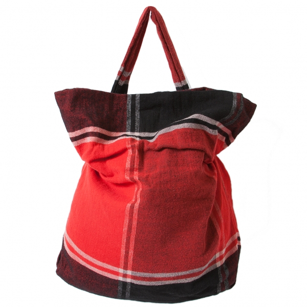 【SALE】ワイズY's リネンウール起毛チェックショルダーバッグ 赤黒