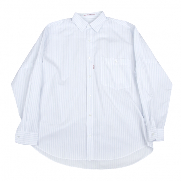 パパスPapas 袖切り替え柄織りストライプ長袖シャツ 白水色M