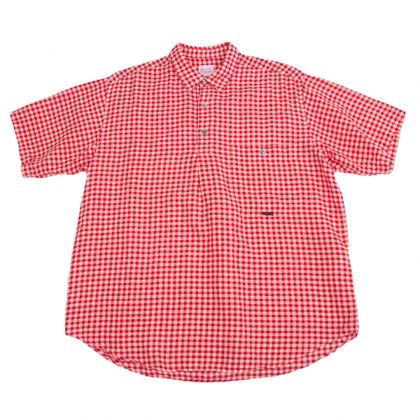 パパスPapas リネンコットンチェックプルオーバー半袖シャツ 赤白M