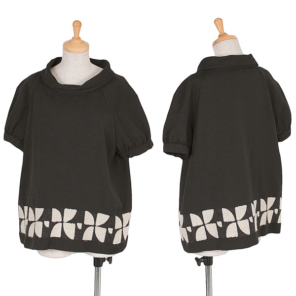 ホコモモラJocomomola パフスリーブ裾デザイン織りトップス 黒ベージュ40
