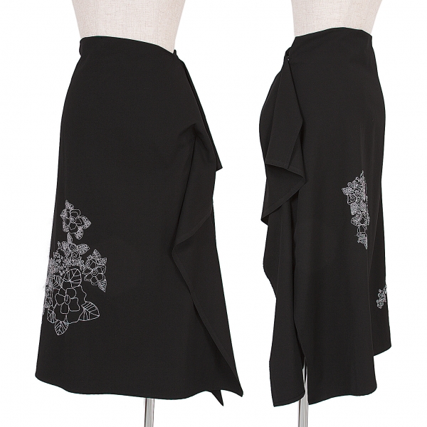 ワイズY's ウールギャバフラワーステッチ刺繍スカート 黒白3