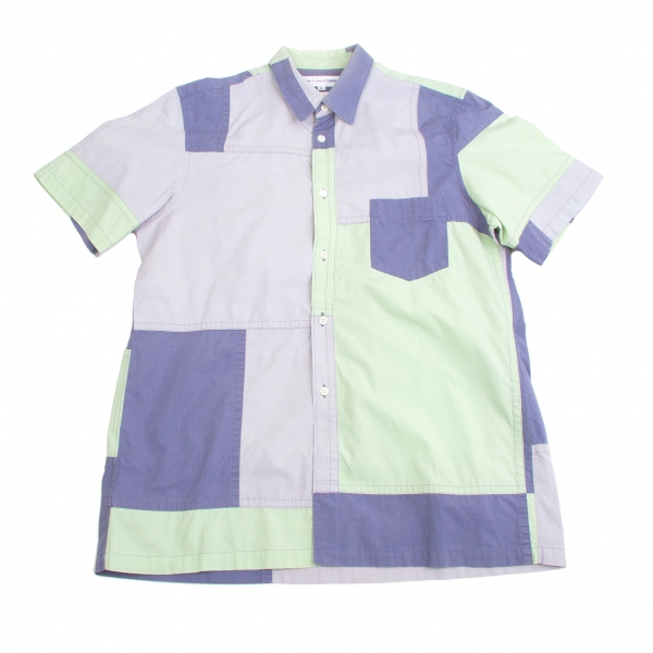 コムデギャルソンシャツCOMME des GARCONS SHIRT パネルパッチワーク半袖シャツ 濃淡紫黄緑L