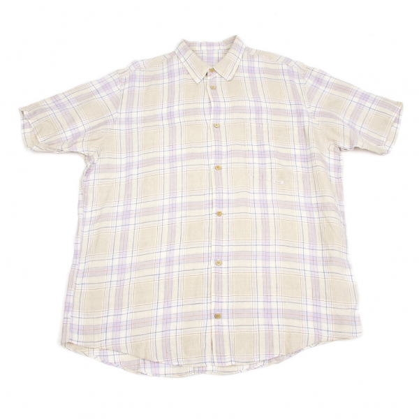【SALE】パパスPapas リネン半袖チェックシャツ ベージュ水色50L