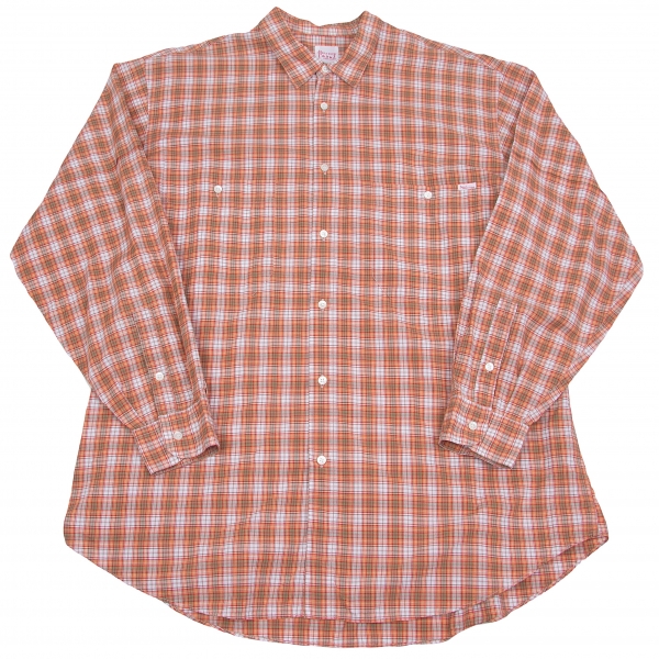 【SALE】パパスPapas コットンチェックシャツ オレンジカーキ白L