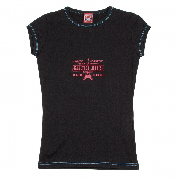 ゴルチエジーンズGAULTIER JEAN'S ナイロンストレッチフレンチスリーブプリントTシャツ 黒ブルー赤40
