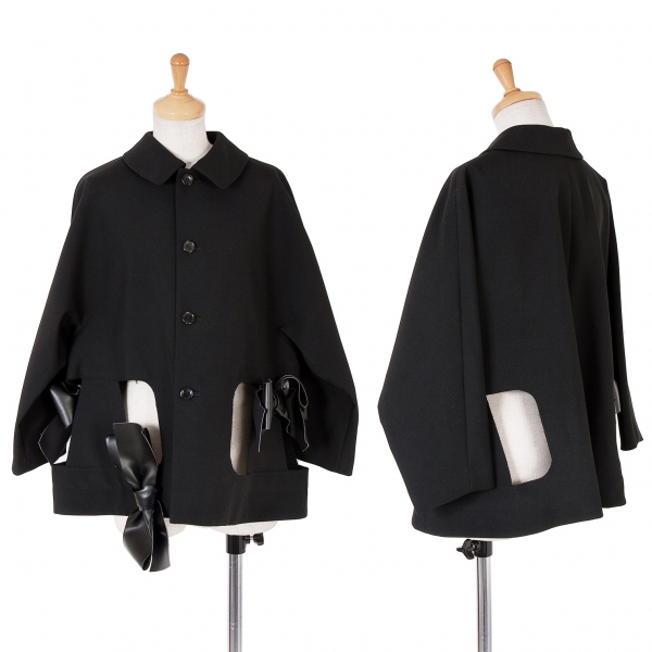 コムデギャルソンCOMME des GARCONS レザーリボンくり抜きデザインジャケット 黒XS