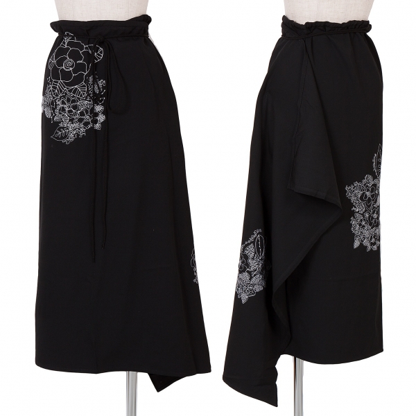 ワイズY's ウールギャバフラワーステッチ刺繍ラップスカート 黒白3