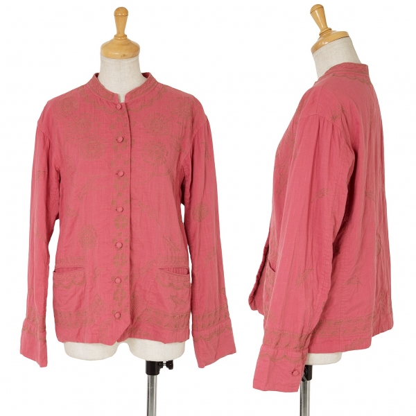 イッセイミヤケ ハートISSEY MIYAKE HaaT インドコットン刺繍デザインバンドカラーシャツジャケット ピンク2