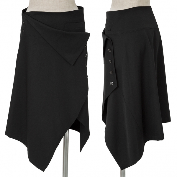 ワイズY's ウールギャバ多ボタンラップスカート 黒1