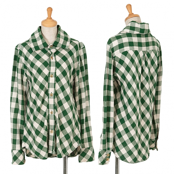 ワイズY's バイアスチェックリネンシャツ 緑生成り2
