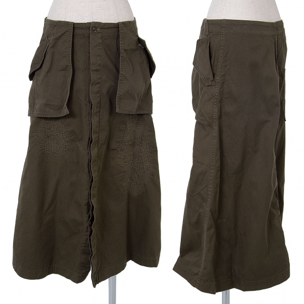 【SALE】ワイズY's スクラッチ刺繍コットンフロントボタンスカート カーキ2
