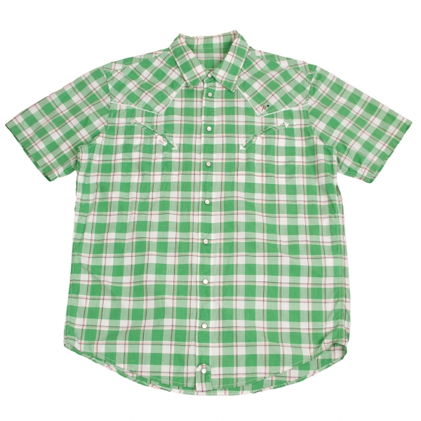 【SALE】パパスPapas コットンチェックウエスタン半袖シャツ 緑白M