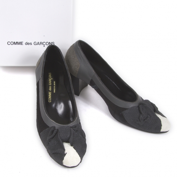 【SALE】コムデギャルソンCOMME des GARCONS インサイドアウトゴムリボンデザインレザーパンプス チャコール黒23