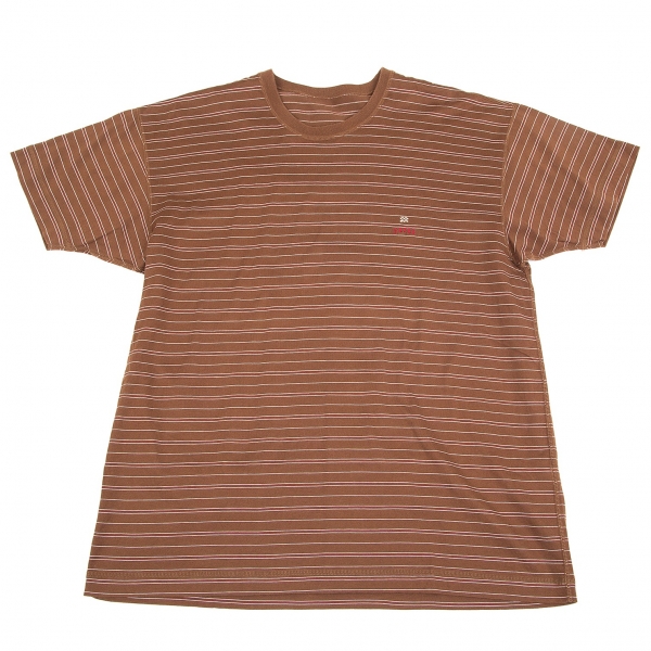 パパスPapas ボーダーワンポイント刺繍Tシャツ 茶L