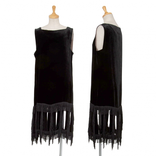 ジャンポールゴルチエ ファムJean Paul GAULTIER FEMME ベルベット裾切り抜きフリンジ装飾ワンピース 黒40