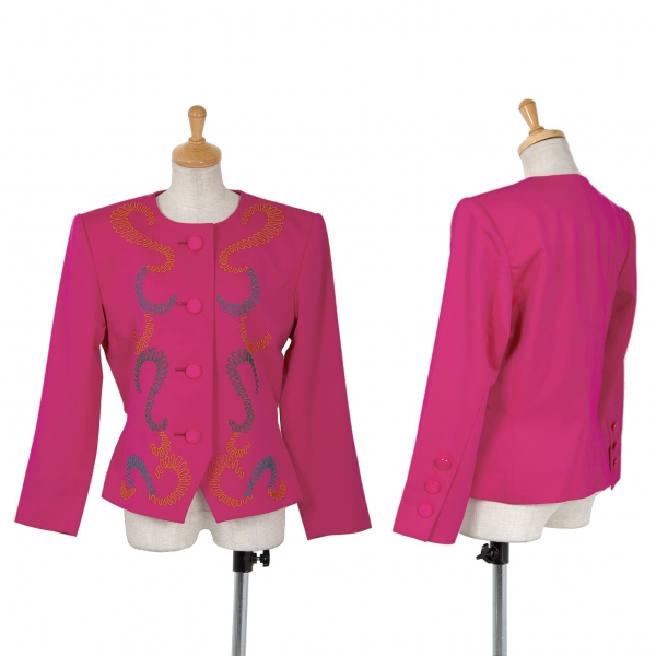 イヴサンローランYves Saint Laurent 刺繍模様ノーカラーウールジャケット ピンクS
