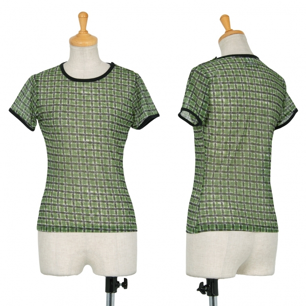 ジャンポールゴルチエ ファムJean Paul GAULTIER FEMME チェックプリントパワーネット肩開きTシャツ 濃淡緑M