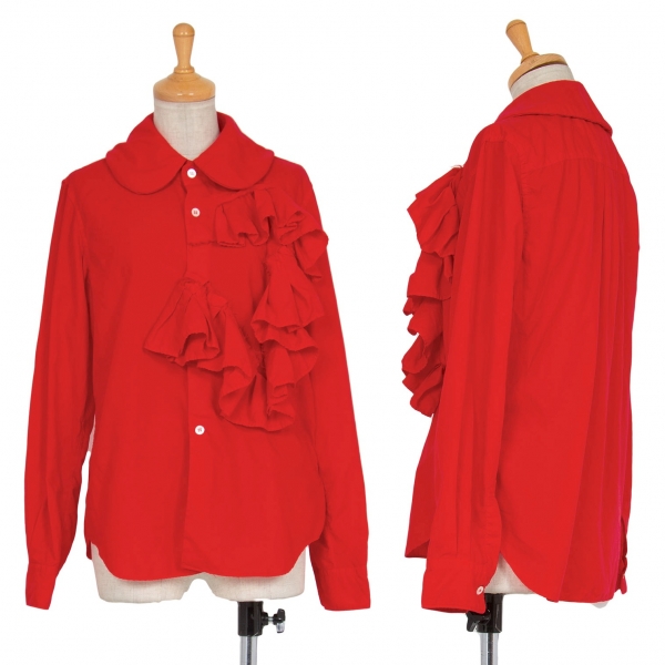 コムデギャルソンCOMME des GARCONS 製品染めフリル切替デザインラウンドカラーシャツ 赤XS