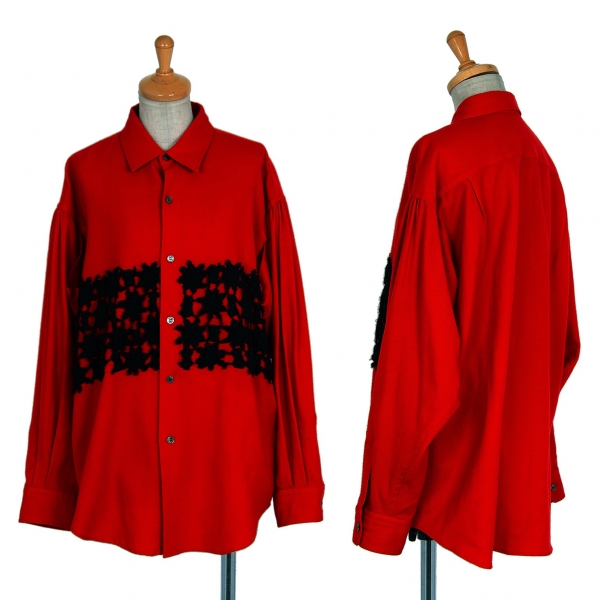 コムデギャルソンCOMME des GARCONS ウールレース貼り付け脇開きシャツ 赤黒M位