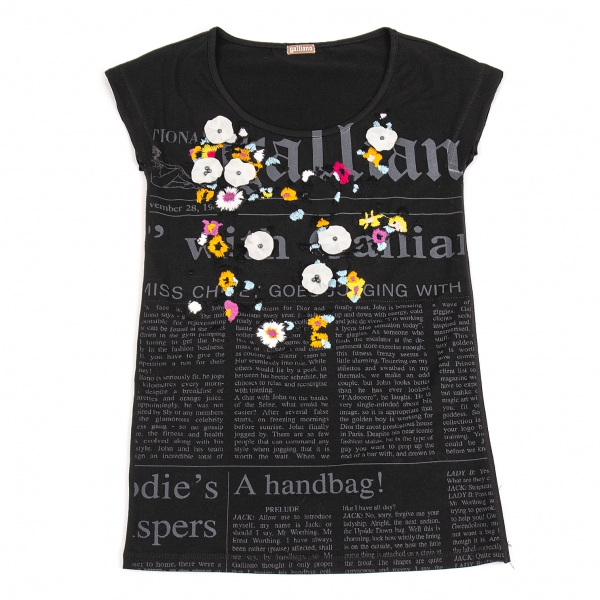 John Galliano Flowers Embroidered Print T Shirt Black XS | PLAYFUL