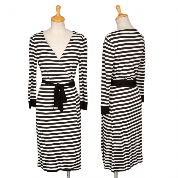 DIANE VON FURSTENBERG Rayon Striped Wrap Dress Black,White 2 | PLAYFUL