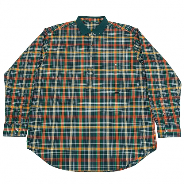 パパスPapas 襟リブチェックコットンプルオーバーシャツ 深緑オレンジL