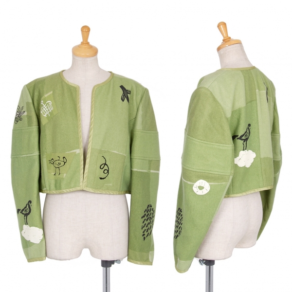 コムデギャルソンCOMME des GARCONS プリント刺繍ボタンレスショートジャケット 緑M