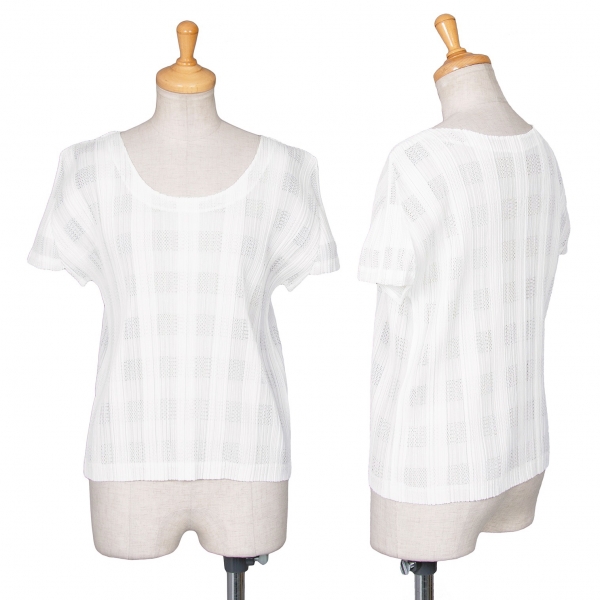 プリーツプリーズPLEATS PLEASE 格子メッシュプリーツ半袖Tシャツ 白3