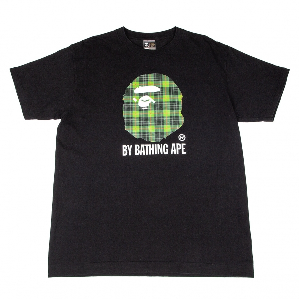 アベイシングエイプA BATHING APE タータンチェック猿顔プリントTシャツ 黒XL