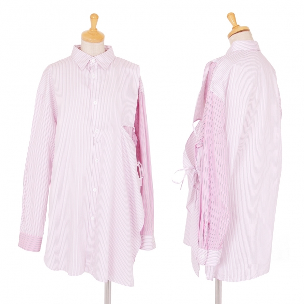 ワイズY's レイヤー切替デザインビッグシルエットストライプシャツ ピンク白2
