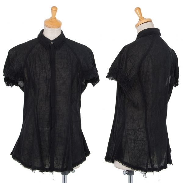 ワイズY's コットン裁ち切りフリンジ装飾半袖シャツ 黒3