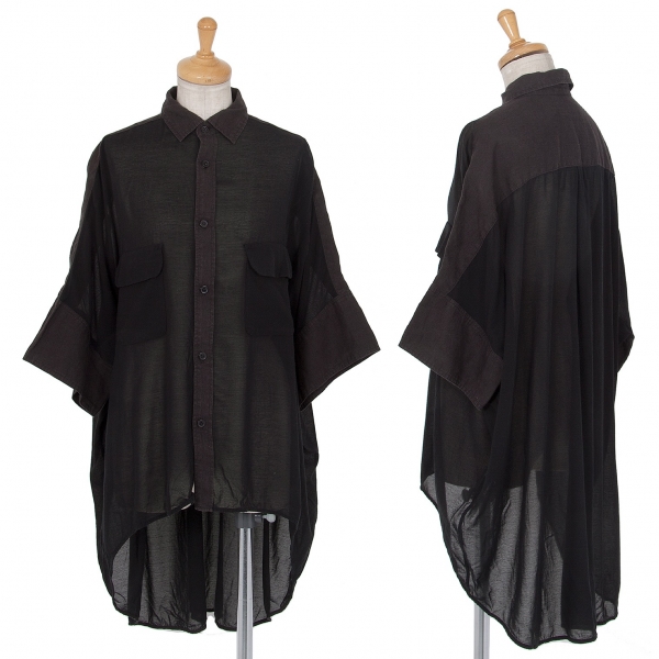ワイズY's リネンシースルービッグシルエットミリタリー半袖シャツ 黒2