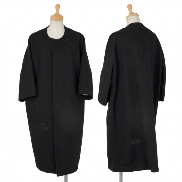 ワイズY's ウールスター刺繍ノーカラー半袖コート 黒2